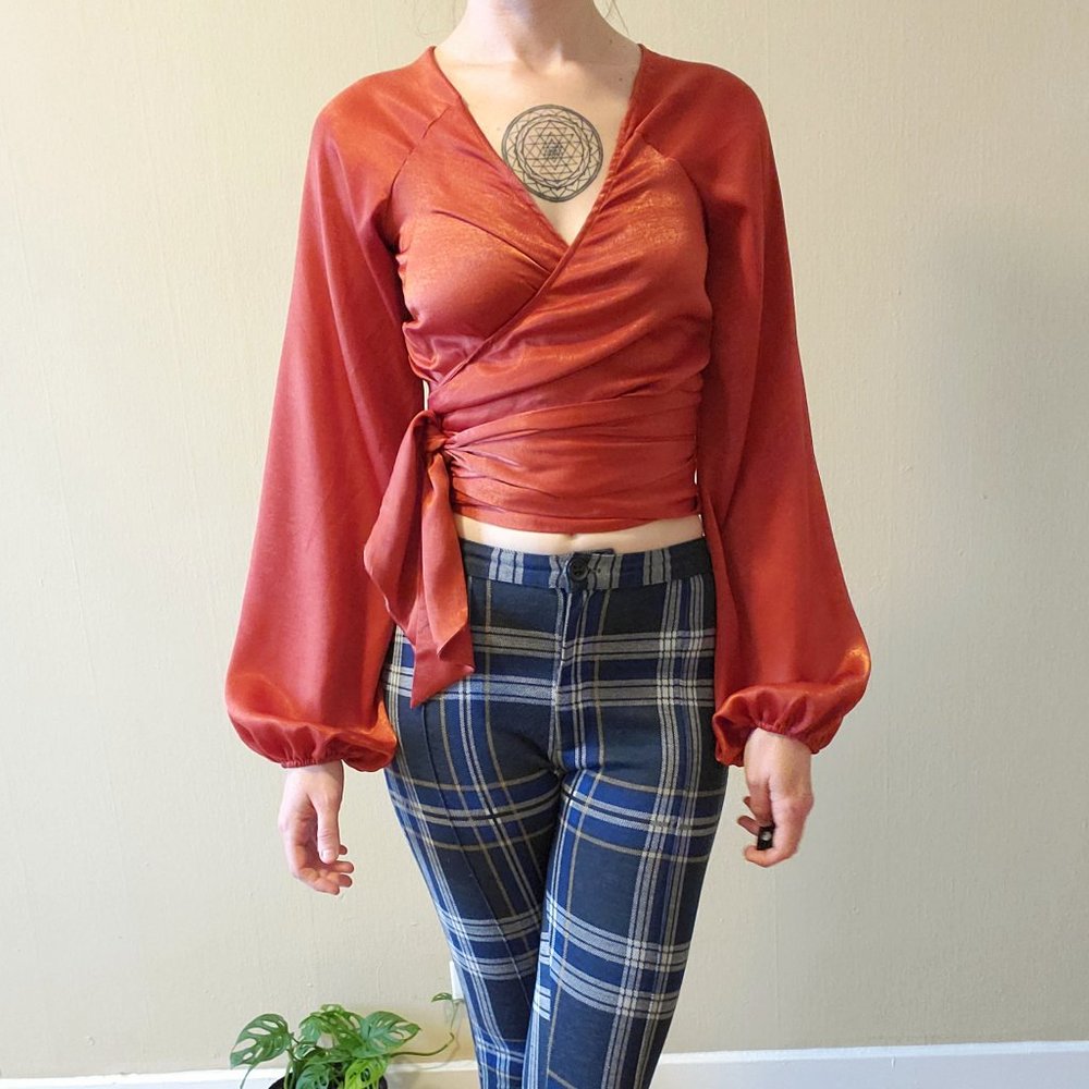 Silk Amber Bell Sleeve Wrap Crop Top